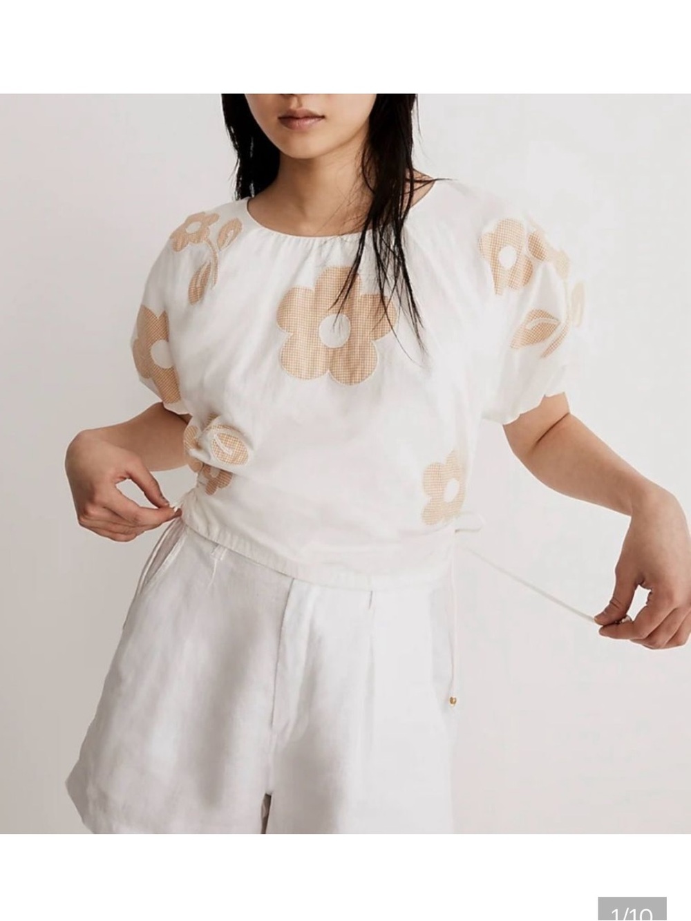 Madewell White Puff-Sleeve Top with Beige Floral Appliqué